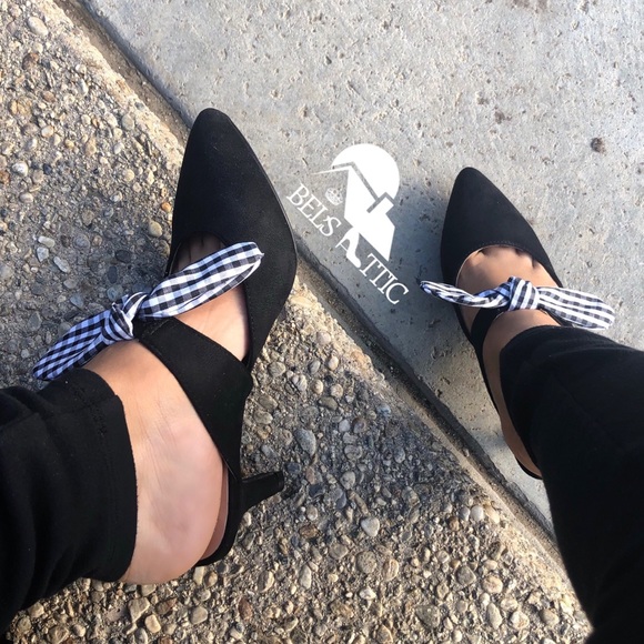 Black Gingham Bow Strap Kitten Heel Mule Pumps - Picture 6 of 8